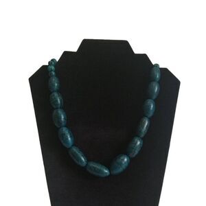 Dark Teal & Black Marbled Chunky Oval Shaped Wood Beaded Single Strand Necklace